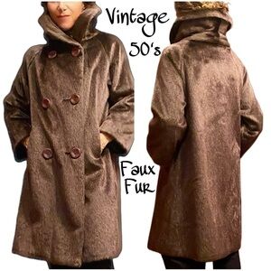 Vintage mid century glamorous midi length chocolate brown faux fur coat jacket